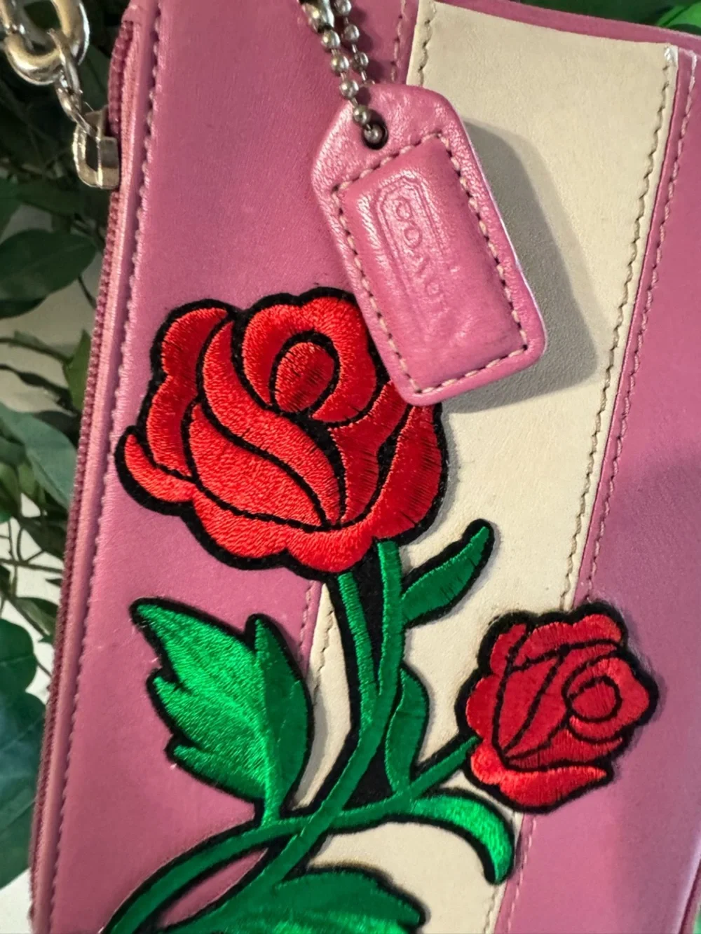 Rare Coach Pink Rose Appliqué Wristlet with Cream Stripe